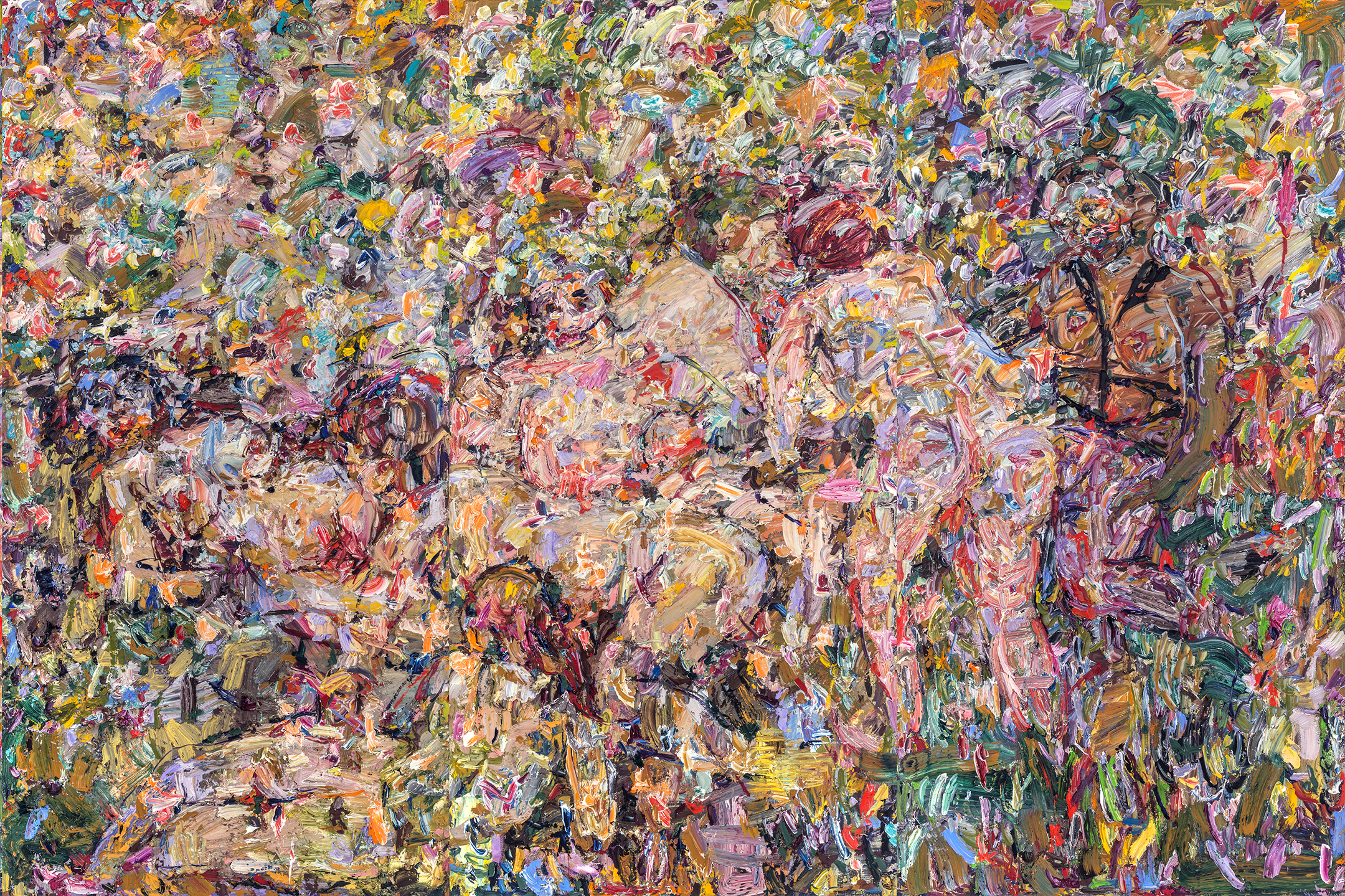   Party of Eight , 2018  Oil on canvas, 96x144" (triptych) 
